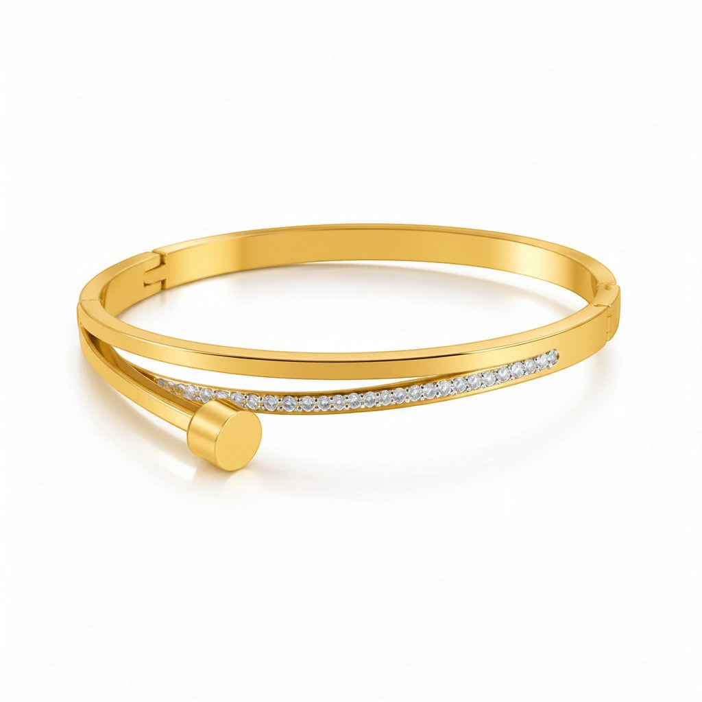 Mein Shop gold bangle bracelet with brilliant-cut stones, stainless steel, 18K PVD-plated, waterproof, 6mm wide.